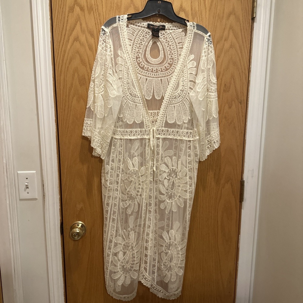 Coco and Shay Boho Cream Embroidered Lace Duster Open Sheer Cardigan Lg Romantic